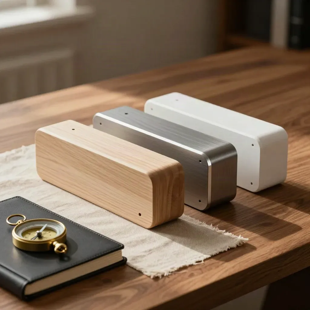 Three prototype iterations with notebook and compass on a walnut workbench, warm light
