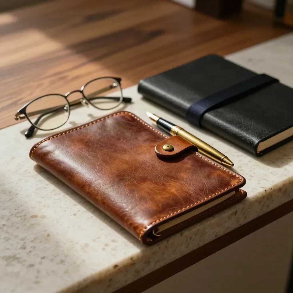 Leather deal folio, brass pen, glasses and ribbon-tied notebook on travertine and walnut.