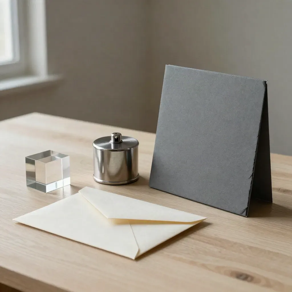 Pale wood still life with weight, envelope, acrylic block, and folded folder for deal review.