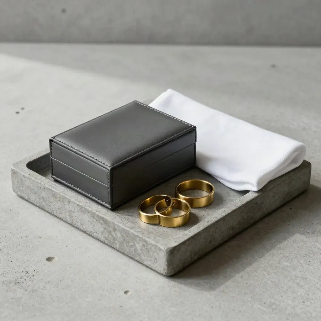 Sealed portfolio box, brass rings, and prototype in a stone tray with soft daylight.